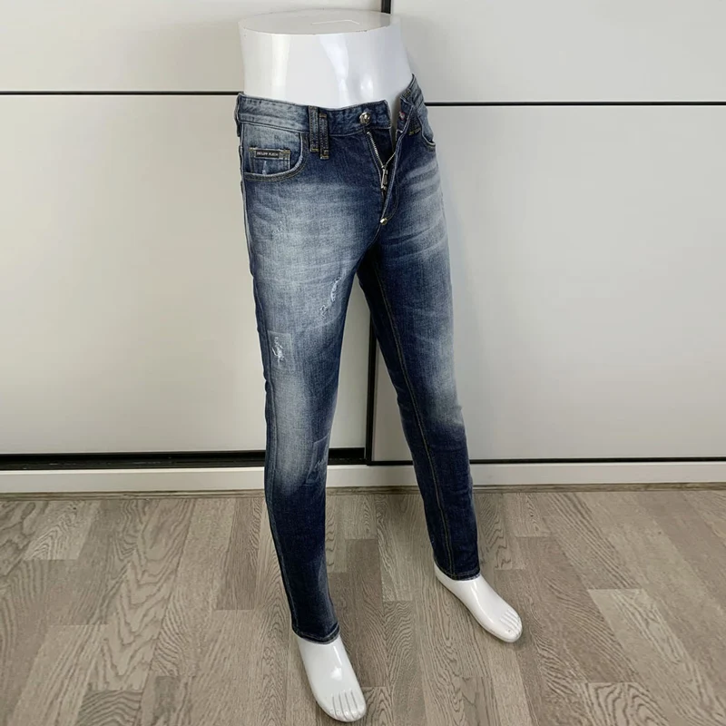 Street Fashion Men Jeans Retro Blue Plain Washed Elastic Slim Fit Ripped Jeans Men Vintage Designer Trousers Brand Pants Hombre