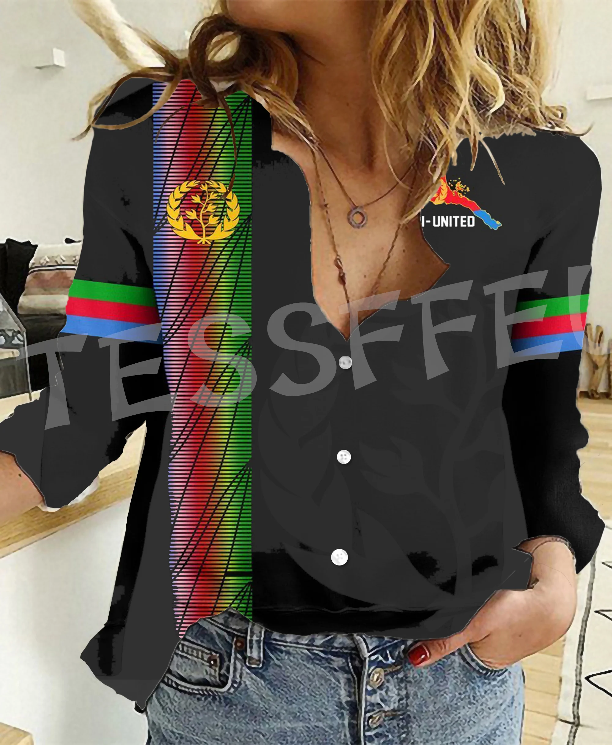 Africa County Eritrea Flag Lion Tattoo Retro Vintage Streetwear 3DPrint Harajuku Women Casual Button-Down Shirts Long Sleeves X8