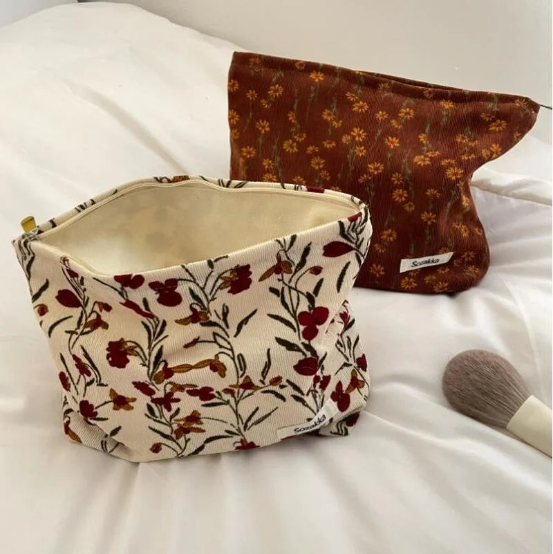 Travel Cosmetic Bag Beauty Storage Toiletry Bag Woman Toilet Wash Girl Corduroy Makeup Retro Flower Print Cosmetic Case