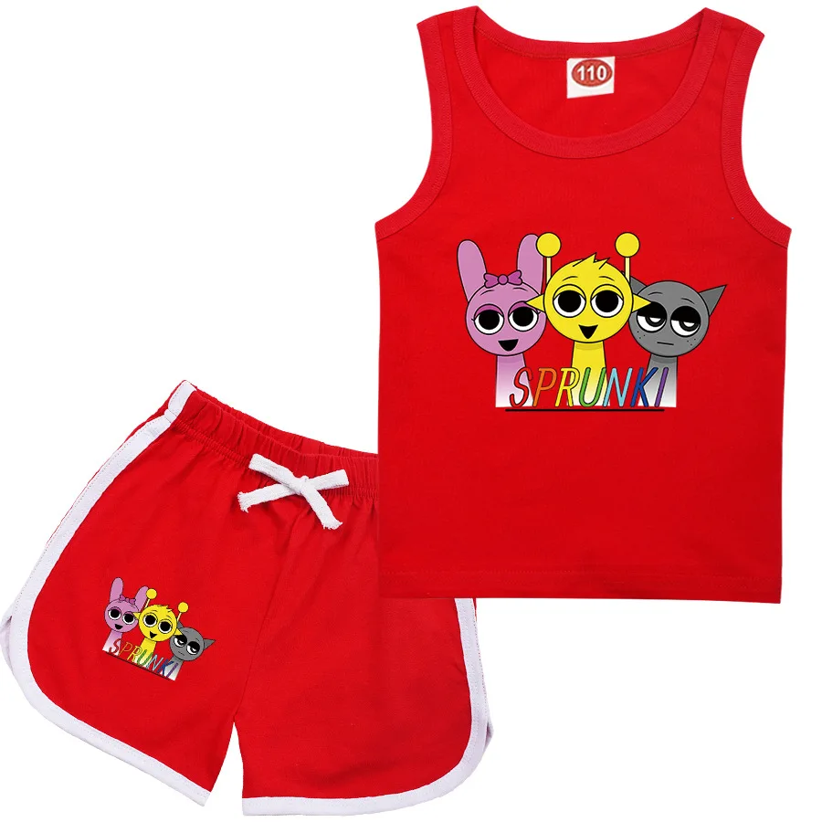 2Pcs Sets Game Sprunki T Shirt for Kids Cartoon Sports Suit for Toddler Boys Short Sleeve Vest and Shorts Summer Clothes kids clothing set kids t shirt kids sports suit children sports suit