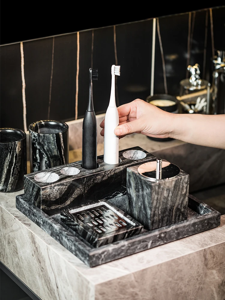 Marble Electric Toothbrush Shelf Light Luxury Hotel Style Couple Mouthwash Cup Bathroom Wash Table Storage Set