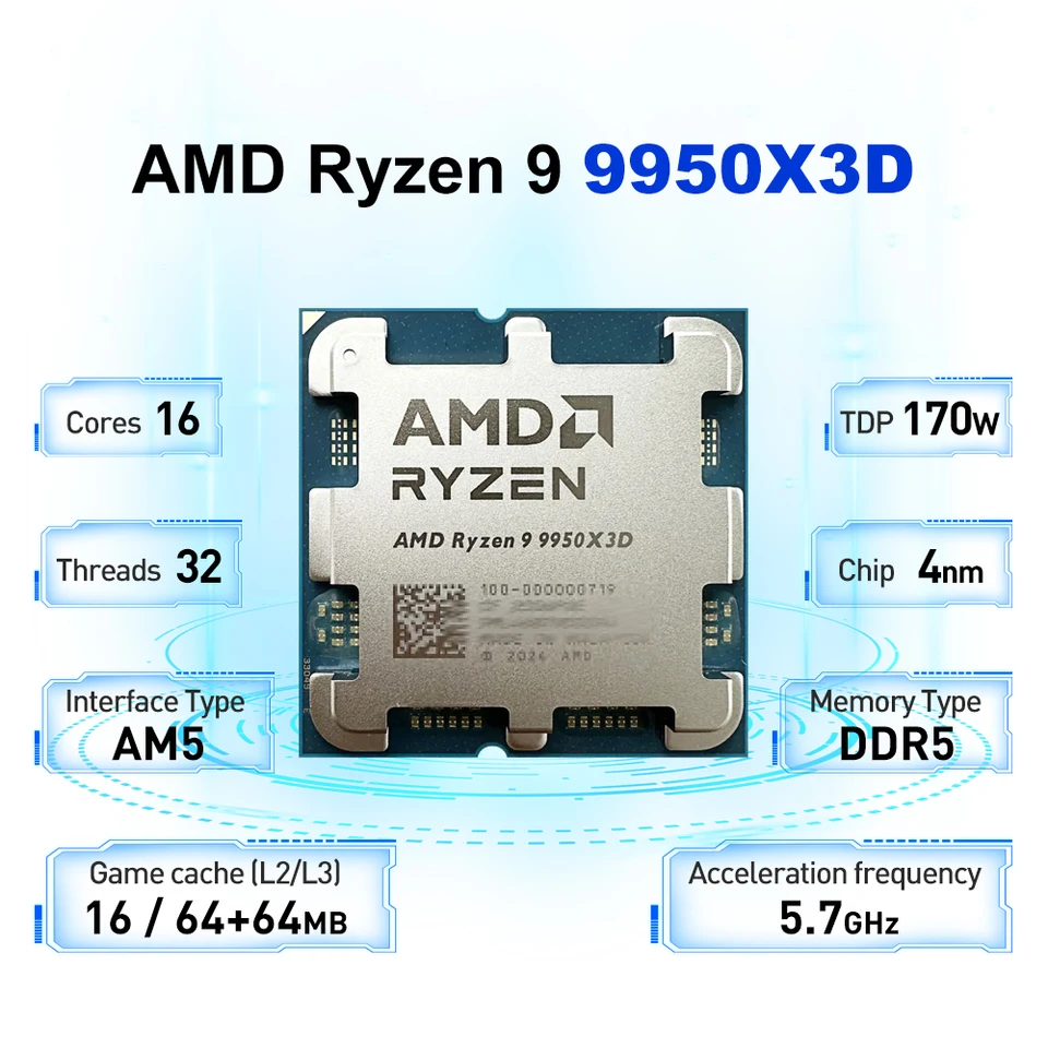 AMD Ryzen 9 9950X3D 170W 4.3GHz Gaming Processor 4NM L3=128M 16