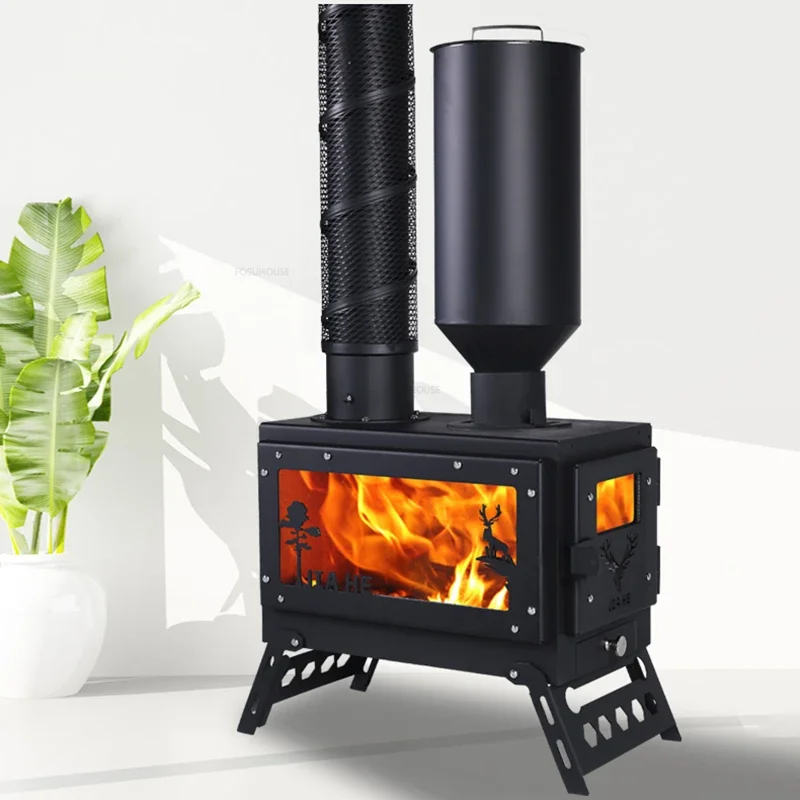 เตาผิงตกแต่งยุโรปกลางแจ้งไฟจริงเครื่องทําความร้อนเตาผิงพร้อมปล่องไฟเตาไม้เหล็กบ้านชนบทในร่มเม็ดเตา 1