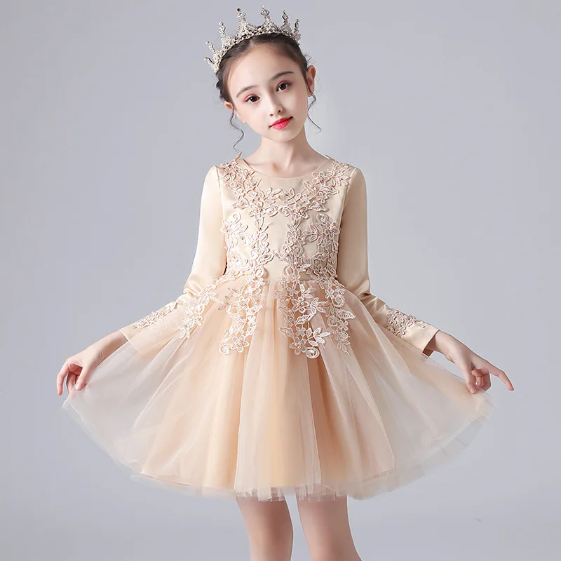 

Exquisite Spring Autumn Red Long Sleeve Flower Girl Mesh Lace Holiday Dress Children Kid Birthday Party Princess Tutu Dresses
