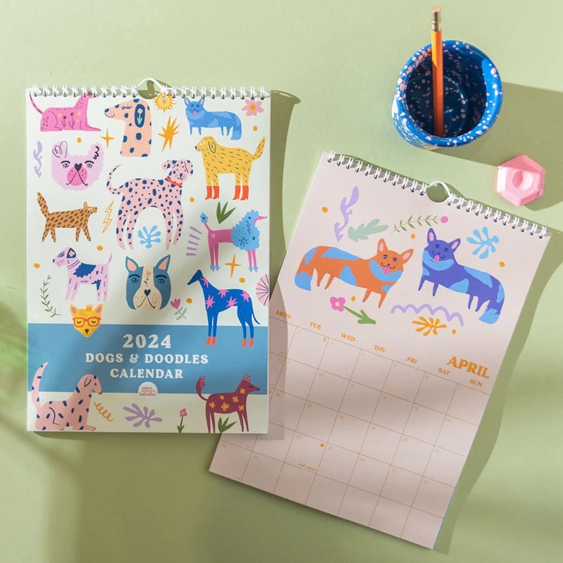 

2024 Dogs Art Calendar A4 Monthly Wall Planner 12 Month Hanging Calendar Colourful Art Planner Dogs & Doodles Illustrations