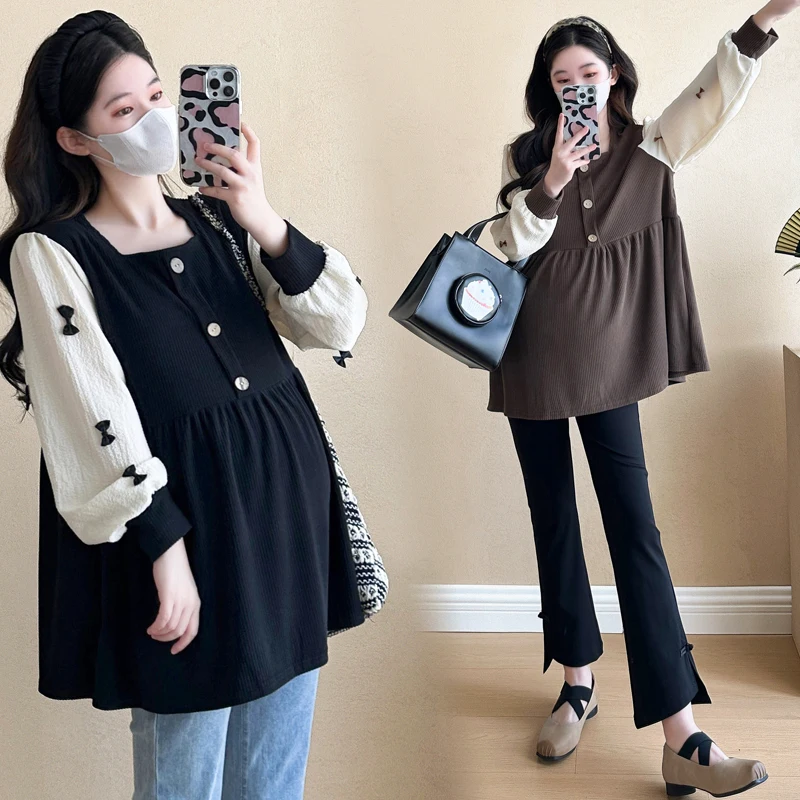 Autumn Winter Sweet Fashion Shirts for Maternity Elegant A Line Loose Blouse for Pregnant Women Patchwork Pregnancy Tops