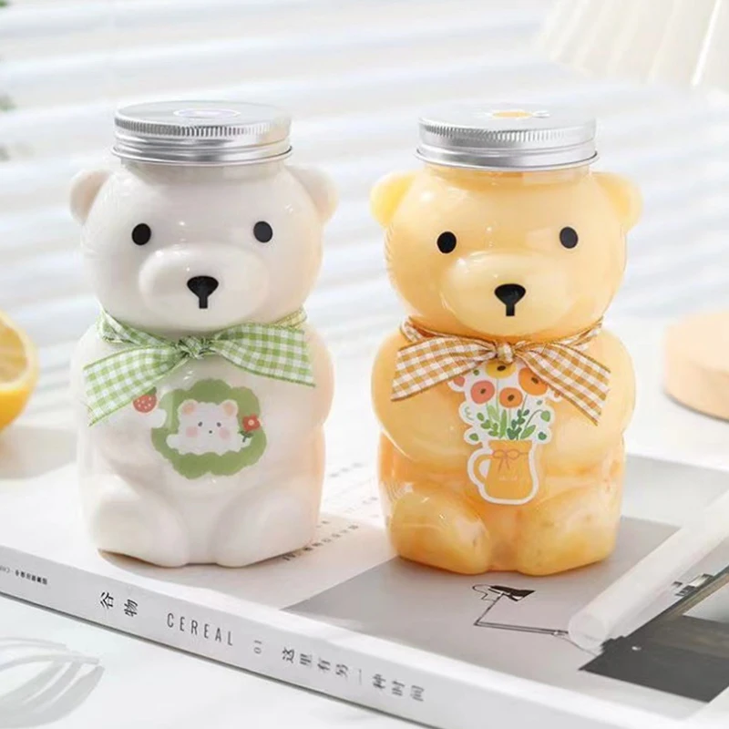 1PC Disposable Drink Bottles Little Bear Plastic Water Bottle Cute Creative Students and Children Transparent Straw Water Cup
