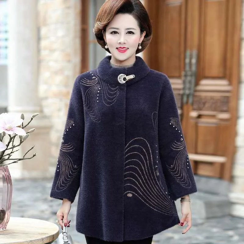 Middle Aged Mother Outfit Autumn And Winter Coat Noble Mid Length Imitation Mink Fur Coat Middle Aged  Fashion Autumn Clothing