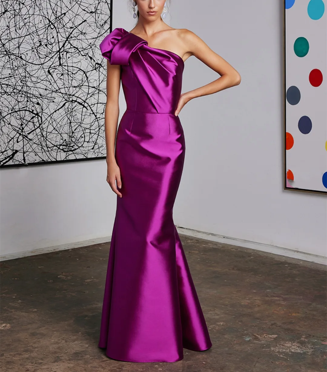 

Elegant Long Plum One Shoulder Prom Dresses Mermaid Satin Evening Dresses Floor Length Vestidos Wedding Guest Dress for Women