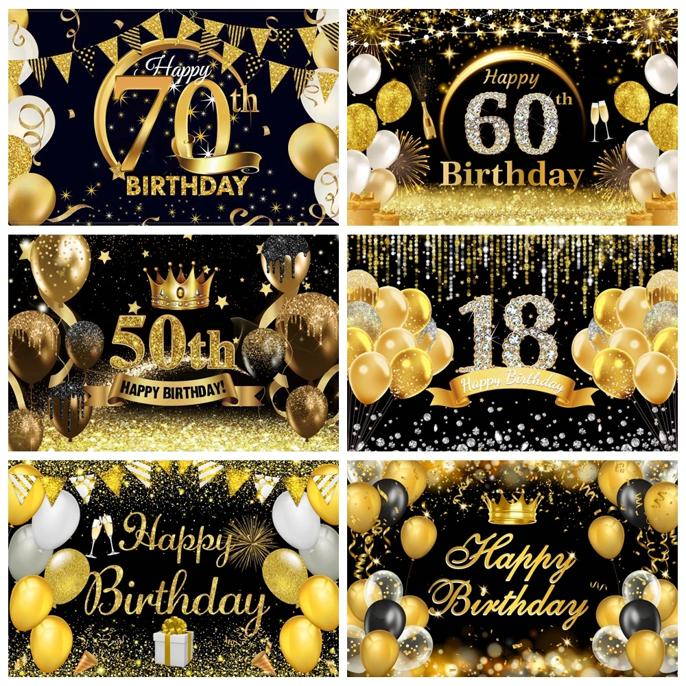 

Adult Happy Birthday Party Decor Backdrop Glitter Golden Balloon Wedding Customize Photocall Background Photography Banner Prop