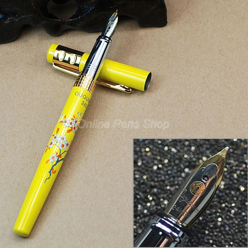 Jinhao Yellow & Golden Cherry Blossom Pattern Metal M Nib 0.5mm Fountain Pen Supplies JF003