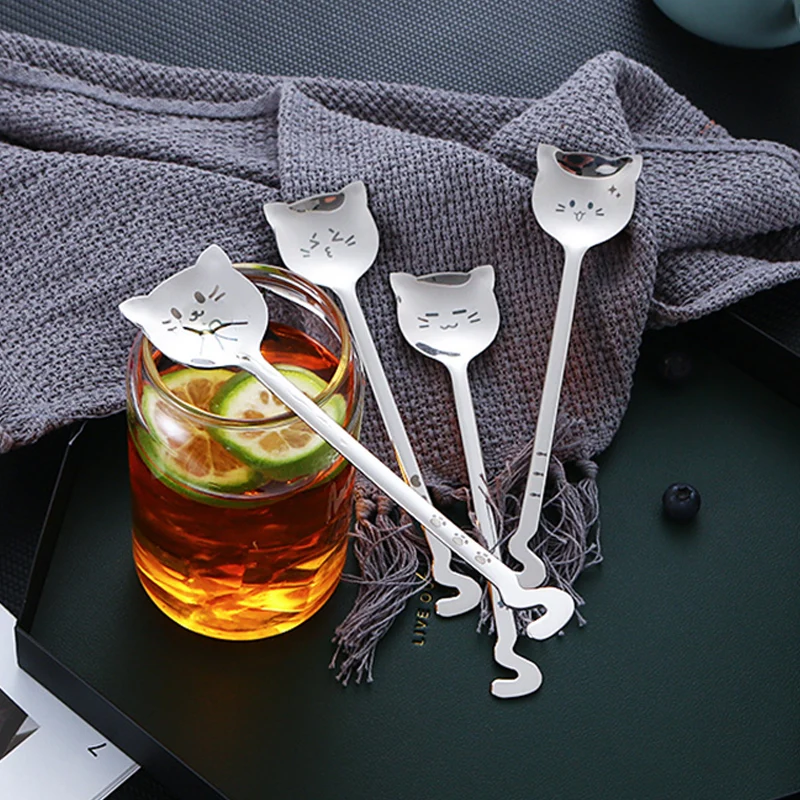 

Creative Tea-Spoon For Coffee Long tail cat Coffee spoon Long Handle Spoon Birthday Gift 304 Stainless Steel Tableware