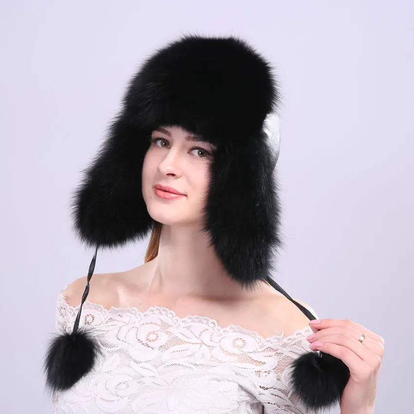 100% Real Fox fur Women's Russian Ushanka Aviator Trapper Snow Skiing Hat Caps With Ear Flap Winter Raccoon Fur Bomber Hat 2