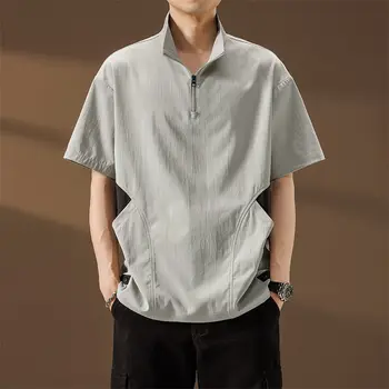 Tasca con cerniera Patchwork Street Casual Top Estate da uomo Nuovo sottile manica corta allentata Vintage T-shirt Tendenza moda Abbigliamento uomo 1