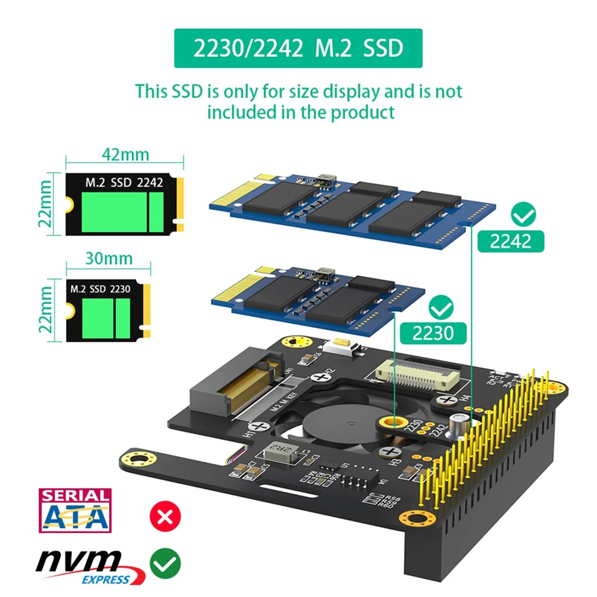 라즈베리 파이 5 블랙용 콤보 M.2 NVMe-PCIe 어댑터, 쿨러 선풍기 및 자동 변색 LED 포함, 3 in 1