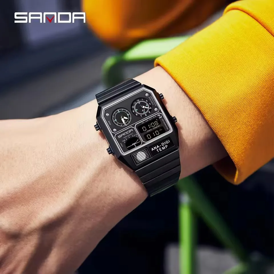 SANDA Fashion Square Dial Waterproof Luminous Chronograph Multifunction Men's Digital Sports Watch