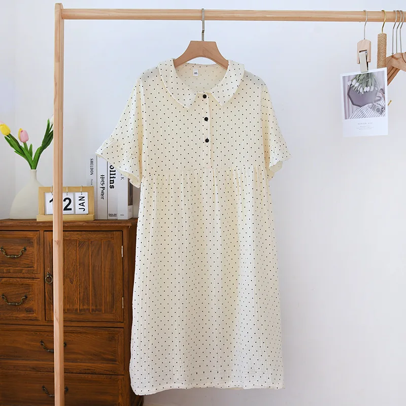 Summer 2024 New Women's Skirt Short Sleeve Nightwear 100% Cotton Crepe Doll Neck Dot Dress Loose Size Cute Sweet Home Dress