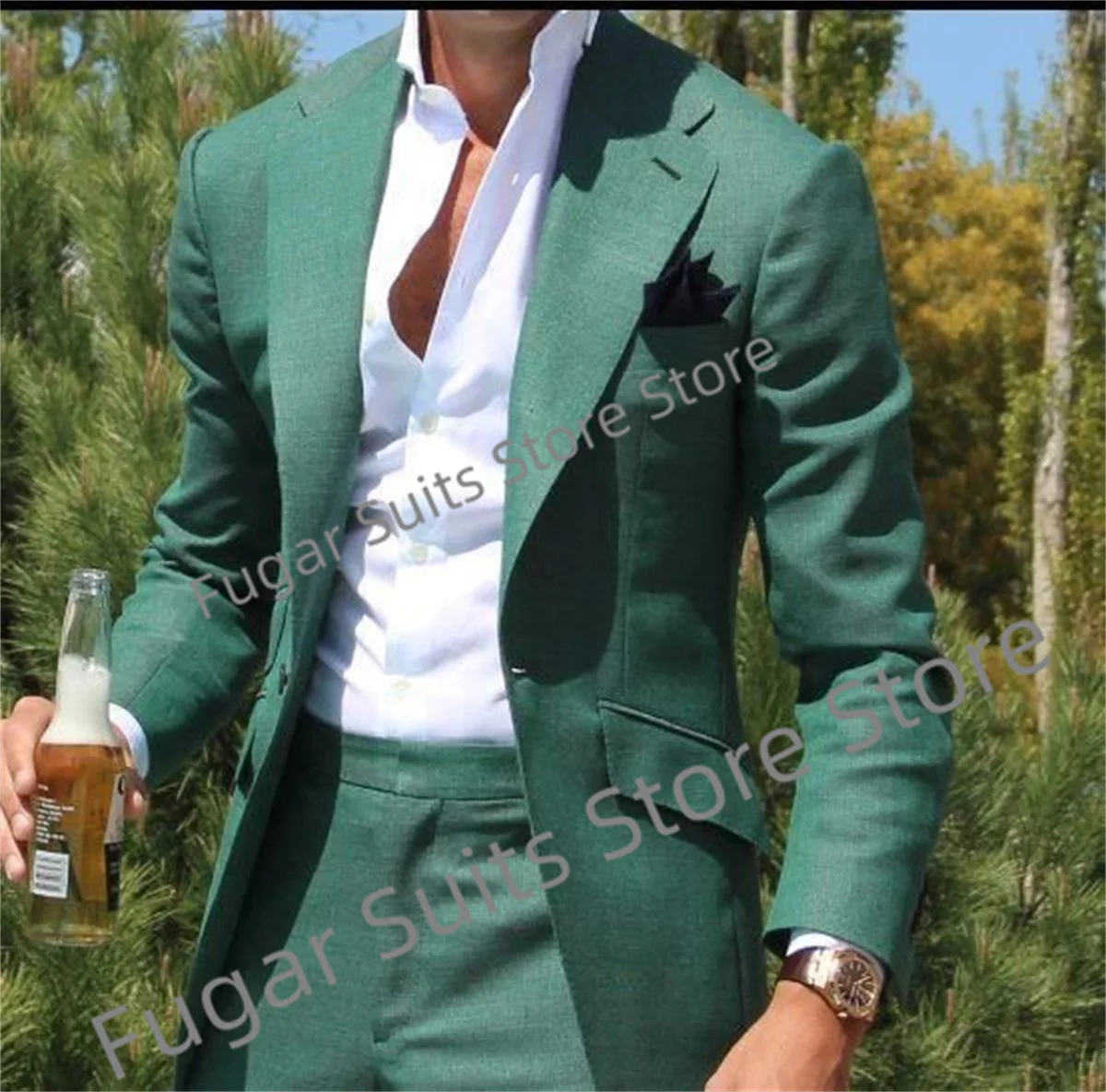 Fashion Green Wedding Men Suits Slim Fit Notched Lapel Groom Tuxedos 2 Pieces Sets Custom Business Male Blazer Homme Mariage