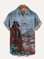 Vintage Japan Harajuku Retro Masked Samurai Men's Hawaiian Casual Shirt Men With Print Short Loose Camisas Casuais Slim Fit Y2K 1