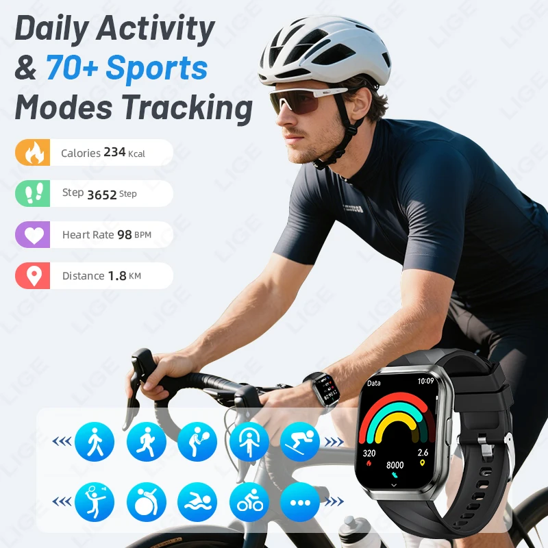 LIGE 1000mAh Large Capacity Battery Smart Watch Men Women 1.83" HD BT Call Heart Rate Sports Tracker Smartwatch For Android iOS
