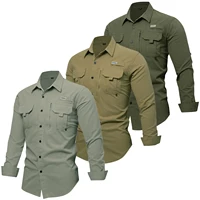 2025 New Fashion Mens Safari Shirts Long Sleeve Solid Color Casual Roll-Up Sleeves Button-Down Casual Shirt with Two Pockets
