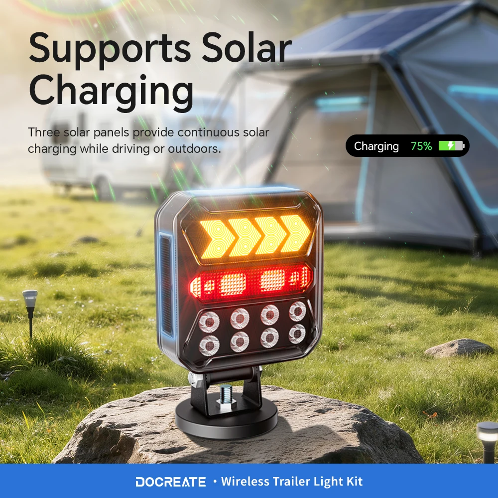 Wireless Magnetic Trailer Tail Lights for Trucks RVs, USB & Solar Rechargeable, 2.4GHz Remote, IPX6 Waterproof, 180° Adjustable 3