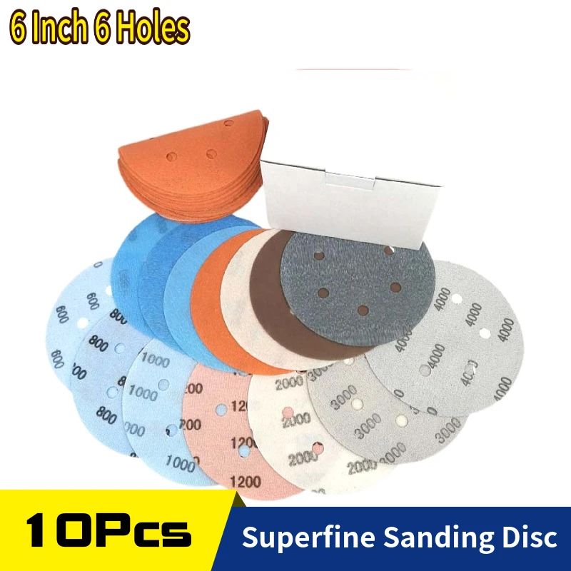 

6 Inch 150 mm 6-Holes Film Superfine Sanding Discs 600~4000 Grit Flexible Sandpaper for Wet/Dry Car Polishing Wood Paint 10Pcs