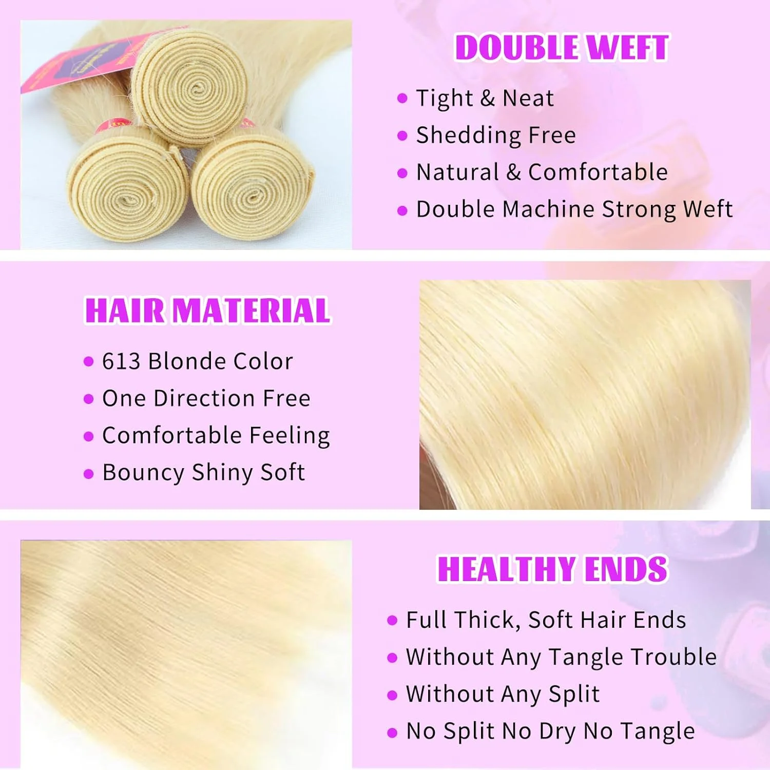 #613 Blonde Human Straight Hair Bundles Honey Blonde Bundles Brazilian Hair Weave Human Remy Hair Extension Double Weft 4
