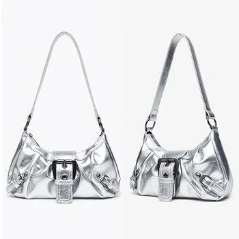 Borsa a Spalla Hobo Plissettata Stile Y2K Retrò per Donne, Borsa Sottobraccia Argento Stile Maillard, Pochette da Viaggio Femminile