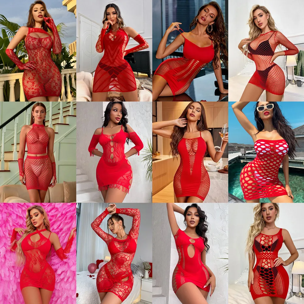 18 Stile, modische Nachtwäsche, rote Farbe, Damen-Fischernetzkleid, sexy kurze Röcke, transparente Versuchung, figurbetontes Netzkleid 1