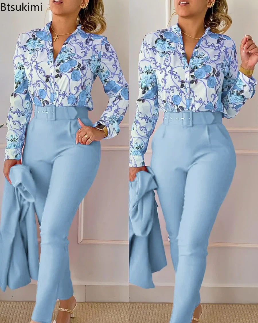 2024 Women's Elegant Two Piece Pants Sets Printed Long Sleeve Shirts and Pants with Belt Fashion Women 2pcs Suits Office Sets 2pcs glove box lid hinge snapped repair kit hinge brackets with screws for audi a4 s4 rs4 b6 b7 8e for seat exeo st 3r5