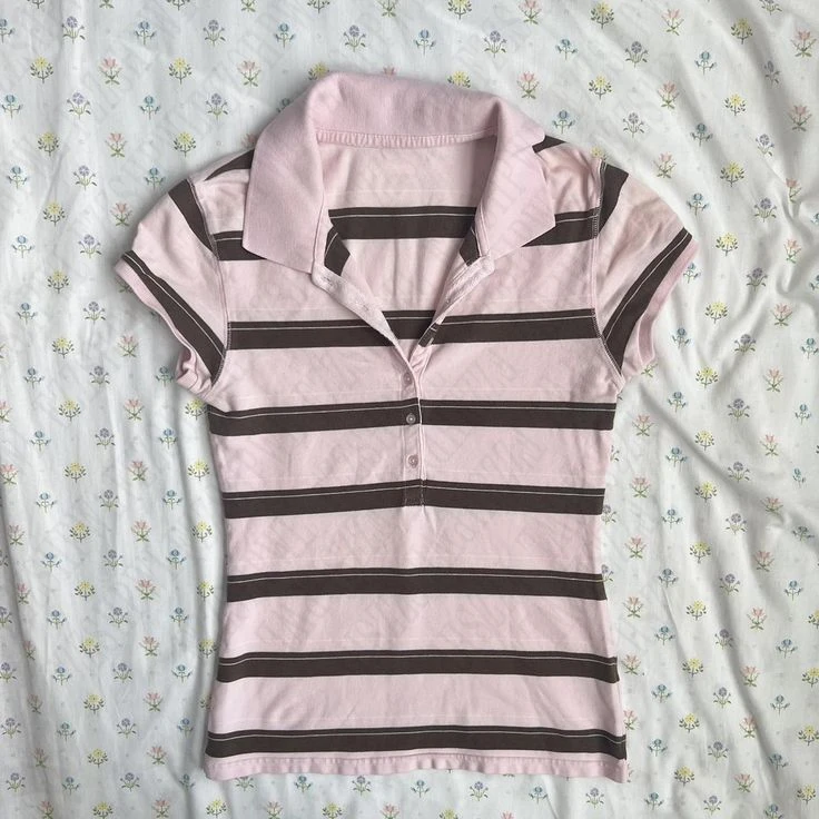 Stripes Maiden Chic Vintage Sweet Clothing Y2K Elegant Woman T-shirts Cute Slim Aesthetic Polo Tops Classic Harajuku Fashion Tee 1
