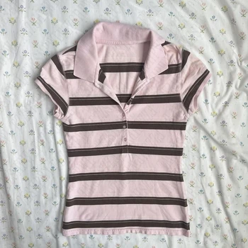 Stripes Maiden Chic Vintage Sweet Clothing Y2K Elegant Woman T-shirts Cute Slim Aesthetic Polo Tops Classic Harajuku Fashion Tee 1