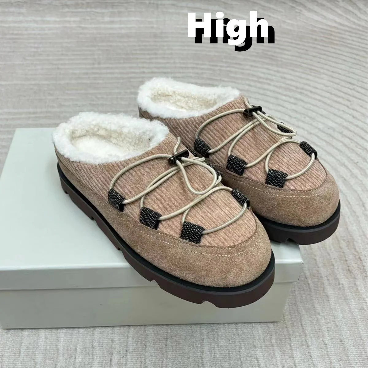 String Slippers Casual Slippers Woman Cow Suede String Bead Slides Woman Plush material ...