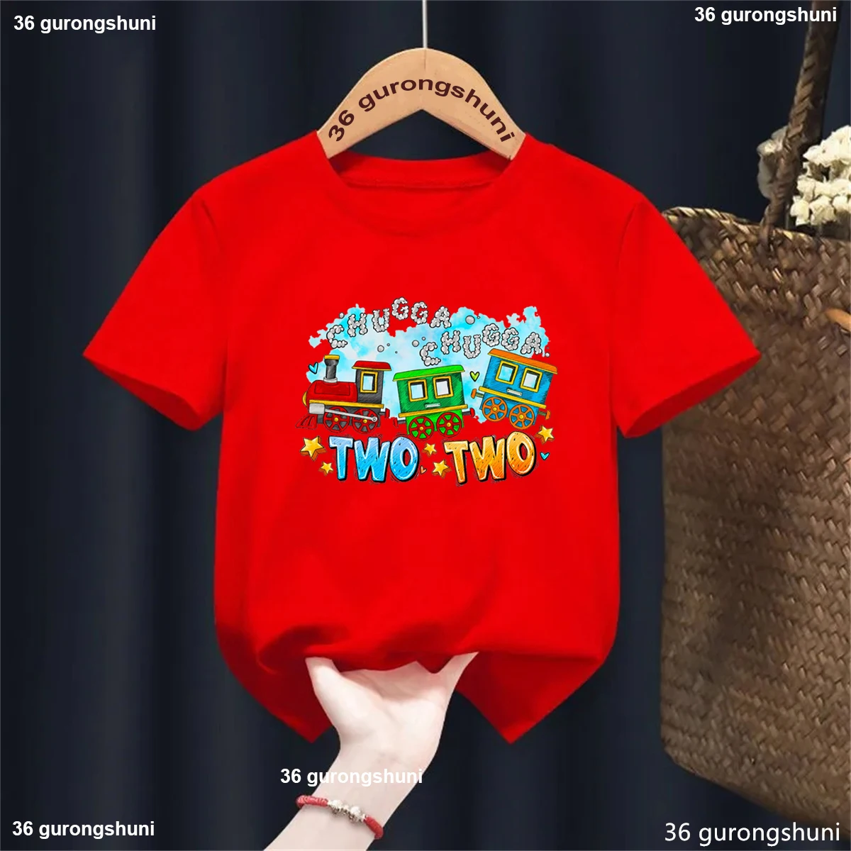 츄가츄가 투투 트레인 생일 셔츠 2번째 생일 남자아이 티셔츠 기차 테마 생일 파티 선물 어린이 티셔츠 여름 티셔츠