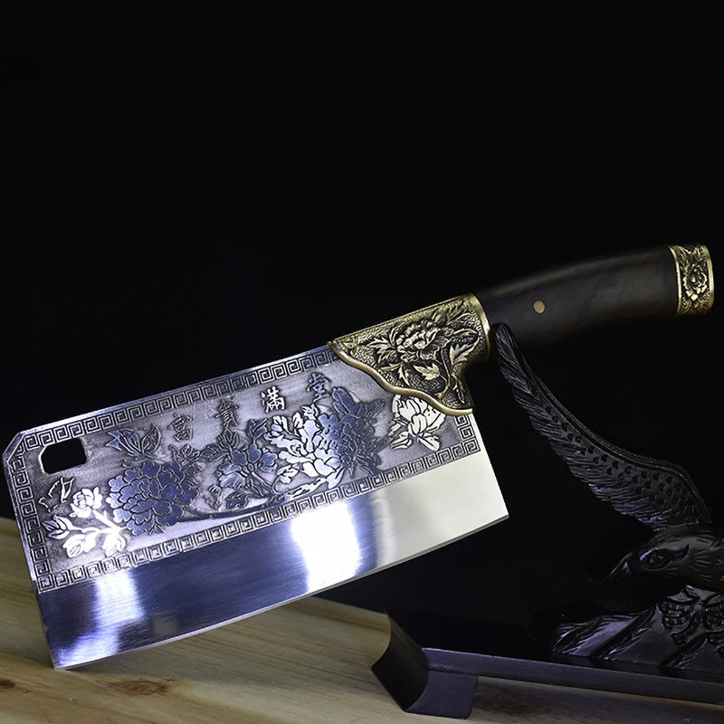 

Chinese Chef Knife Sharp Chopper Cleaver Slicing Handmade Longquan Kitchen Knives Meat Poultry Tools Copper Decor Wood Handle
