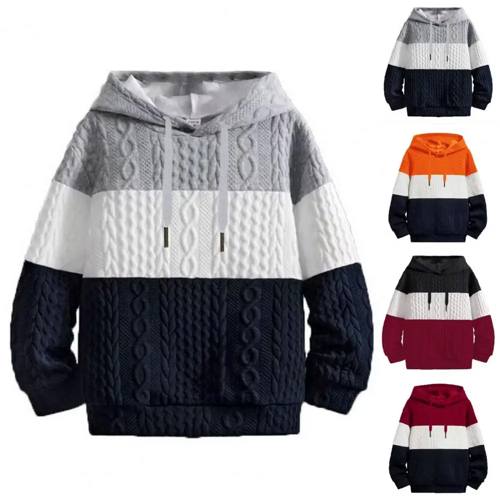 

Men Fall Winter Hoodie Applique Colorblock Knitted Sweatshirt Elastic Cuff Hooded Thick Warm Loose Warm Casual Men Top