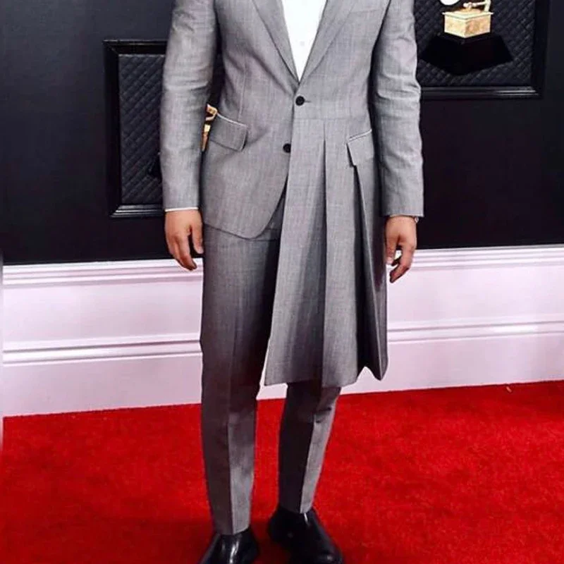 Grey Long Men Suits For Evening Prom Slim Fit Wedding Groom Tuxedo Notched Lapel 2 Piece Male Fashion Costume Jacket +Pants