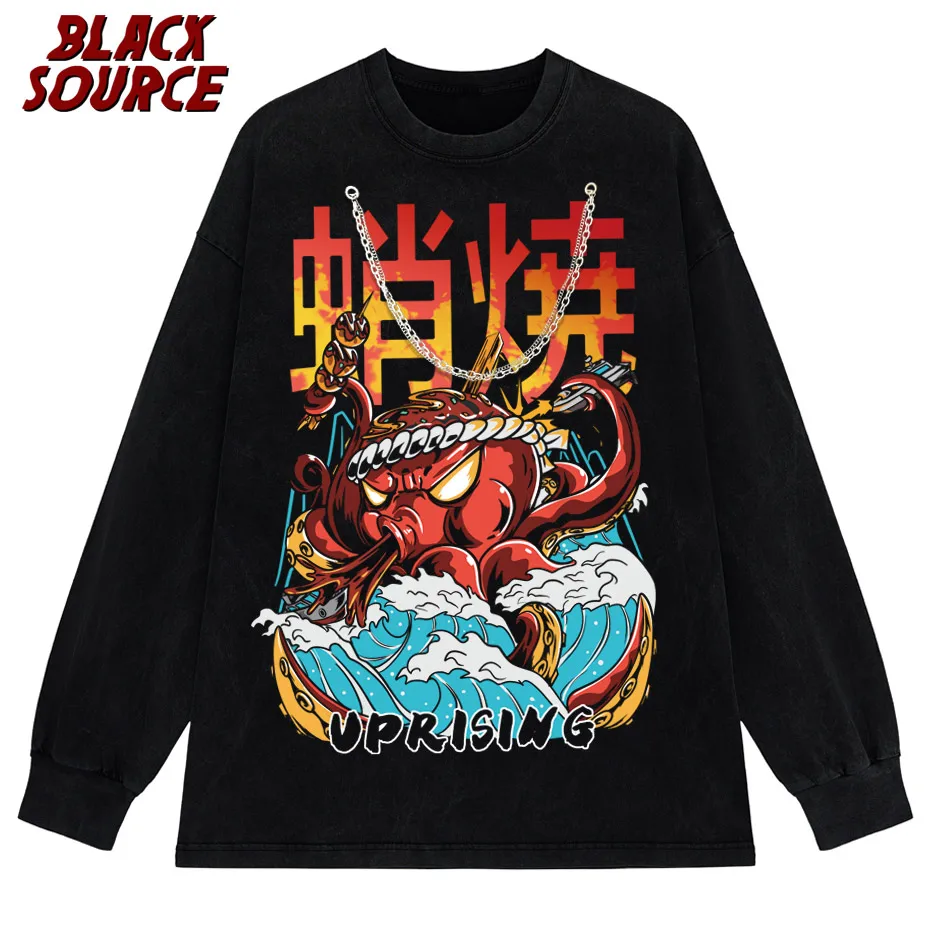 black source ANIME MANGA VINTAGE WASH UNISEX T-SHIRT Octopus Men Harajuku T-Shirt Japanese Style