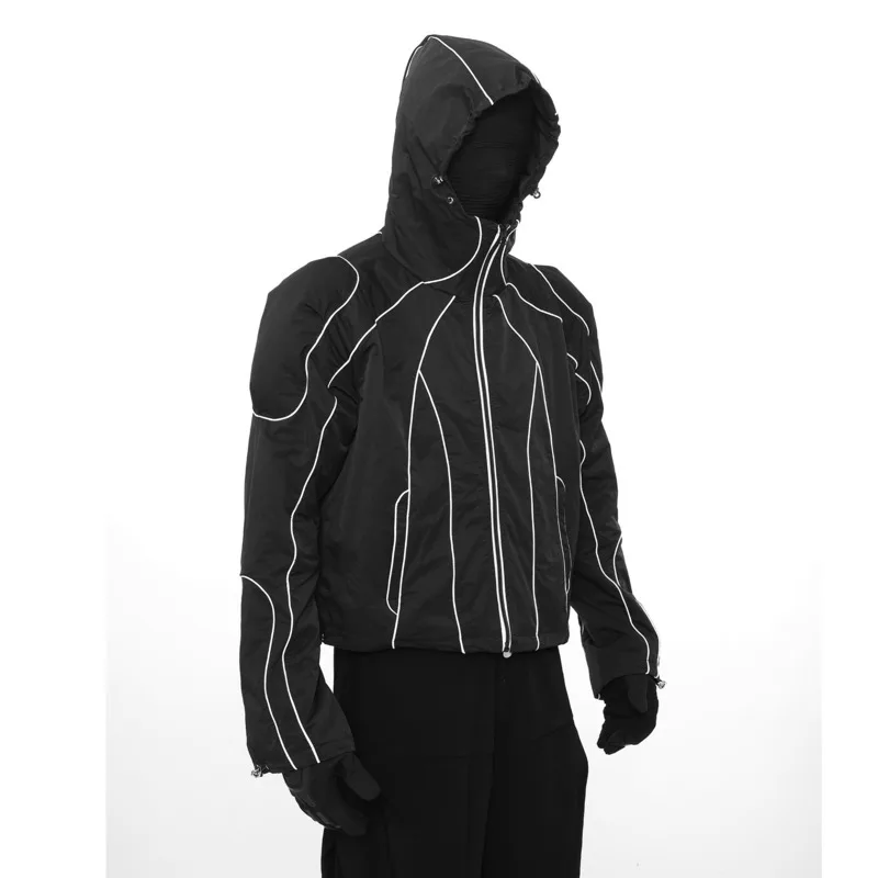 HKSH Autumn New Man Dark Techwear Niche Padded Shoulder Pads Hoodie Line Stitching Reflective Hood Sun Protection Jacket HK12112