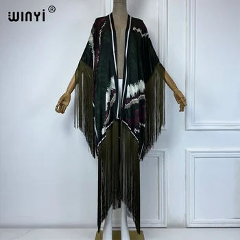 WINYI kimono summer beach Bikini Cover-up sexy tassel cardigan Holiday long Sleeve maxi dress beach wear women 2024 poncho 1