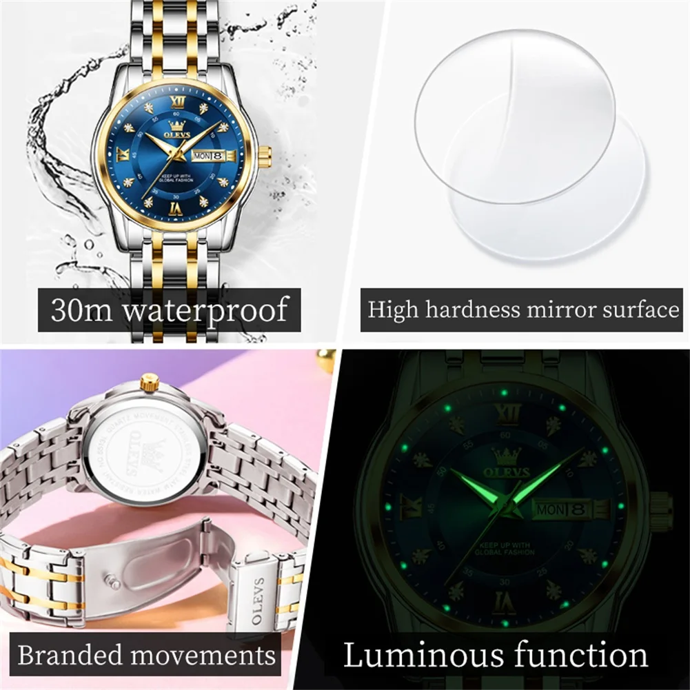 OLEVS Ladies Luminous Date Waterproof Quartz Watch Stainless Steel Dress Bracelet Wristwatch Women's Relogio Feminin