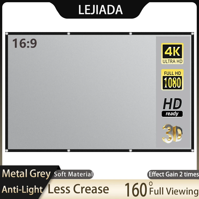 

LEJIADA Экран для проектора, 100 дюйма, металлический, серый, антибликовый, угол обзора 120 °, мягкий материал, меньше сгибов, черная рамка с отверстием