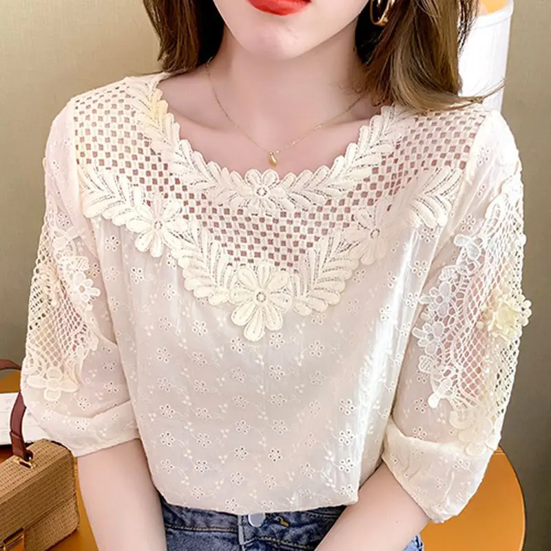 Hollow Out French Embroidered Blouse Main Look