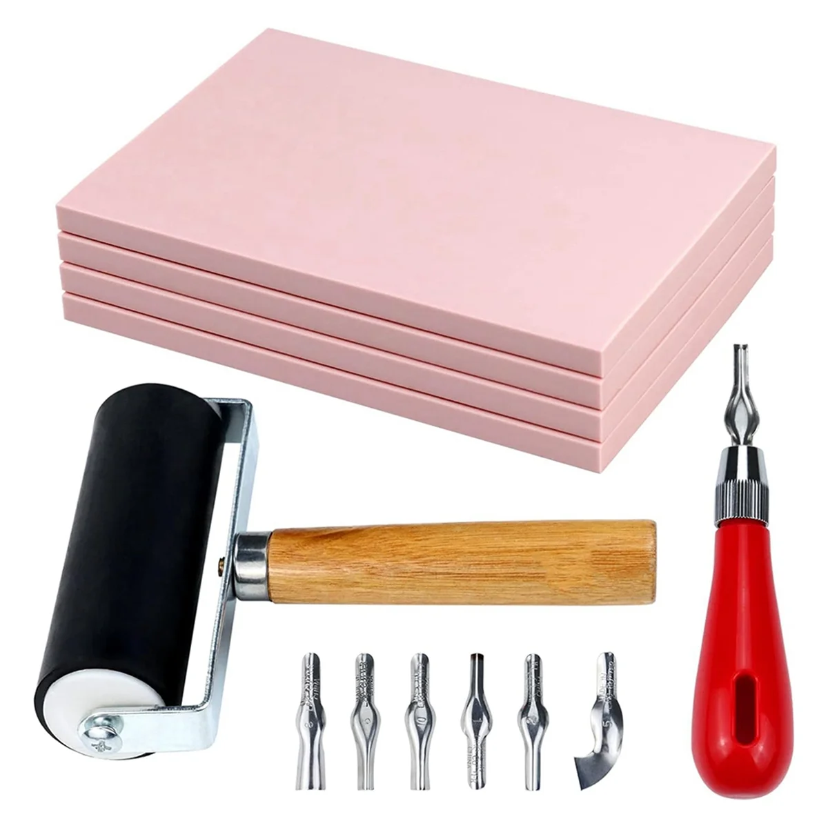 

4 Pack Rubber Block Stamp Carving Blocks with Cutter Tools and Rubber Brayer Roller for Printmaking and More Crafts