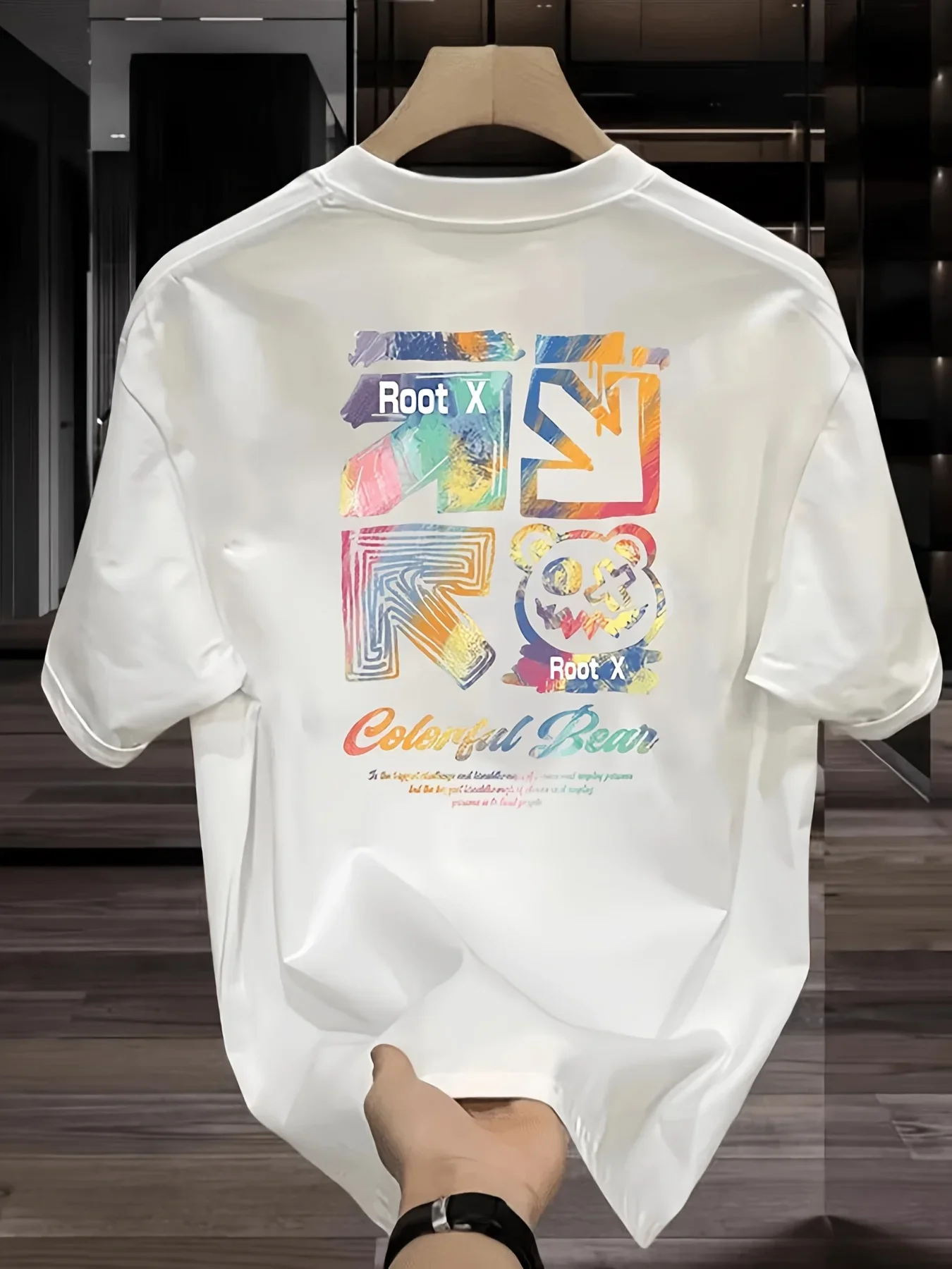 Buntes Bären-Gradient-Graffiti Herren-T-Shirt Streetwear Grafik Oversized Baumwolle Kurzarm-Oberteil Sommer Streetwear