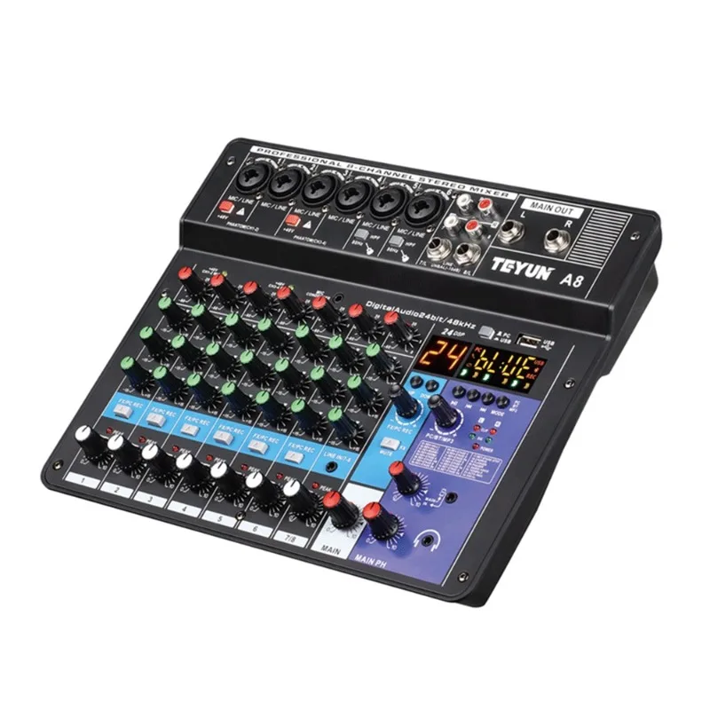 A8 프로페셔널 오디오 믹서 8채널 블루투스 5.0 USB 24DSP 이펙트 48V 팬텀 파워 라이브 스트리밍 녹음 PC/폰 지원