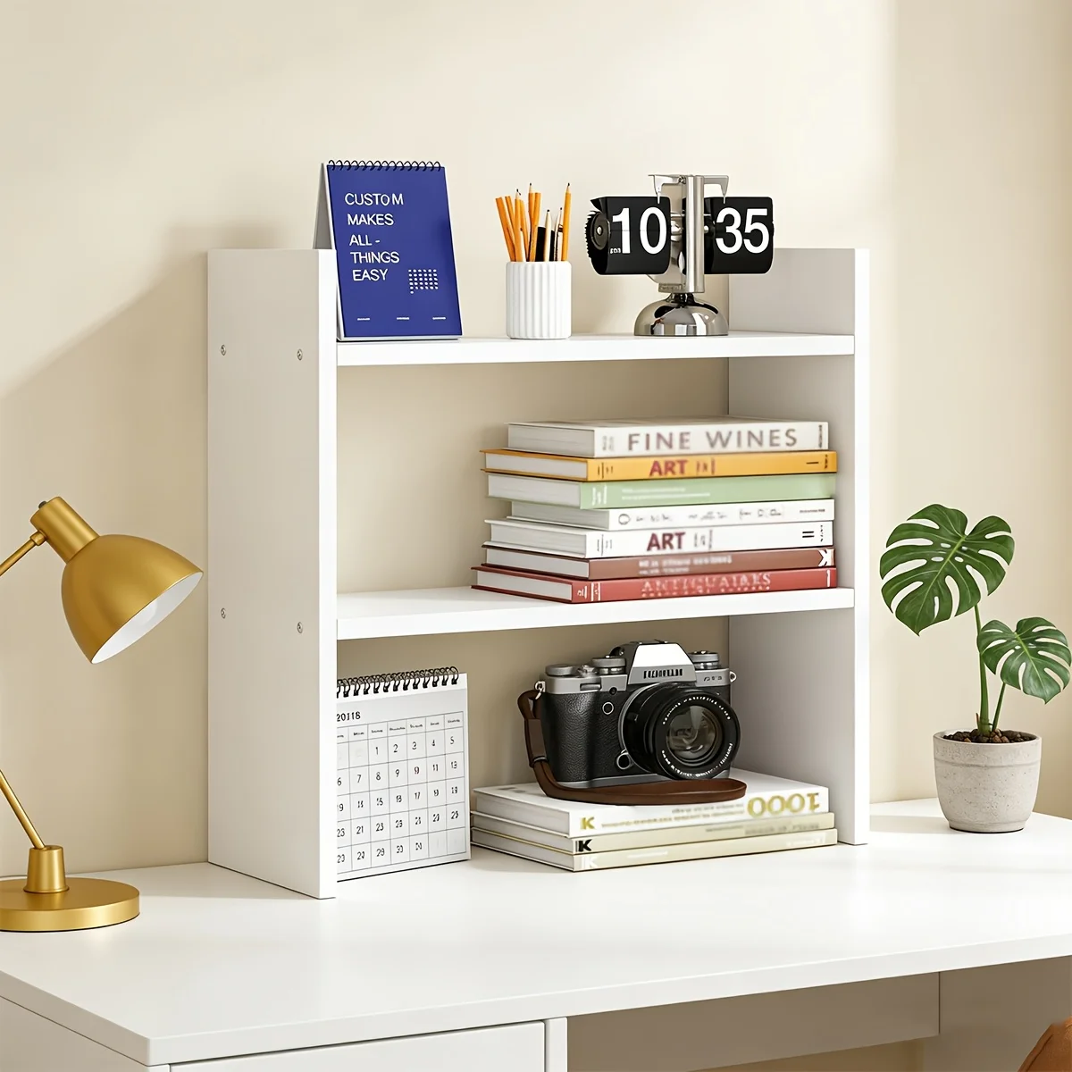 Compact White Wooden Bookshelf: 3-Tier Desktop Organizer for Office, Study, or Dorm