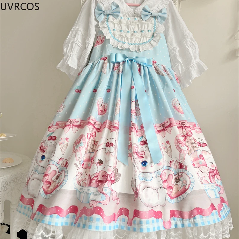 Japanese Dream Lolita Jsk Dress Women Kawaii Cute Cat Print Bow Lace Sleeveless Strap Dresses Girl Sweet Princess Party