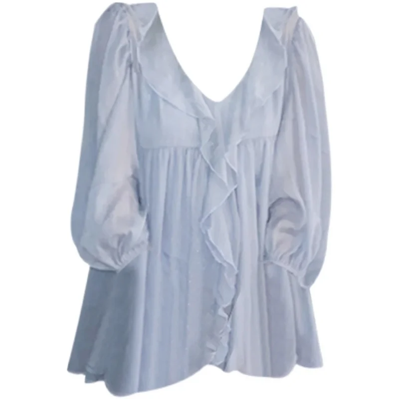 Lace Trim Long Sve Milk Blue Women's Chiffon irt Korean Sle Pure Desire Faion Top for Early Autumn Straight Cut